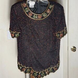Stenay Black Beaded Blouse with Gold color bow detailing size: L